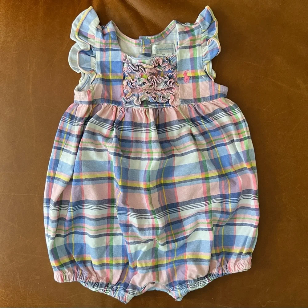 RALPH LAUREN Pink and Blue Plaid Ruffle Bubble, 18mo